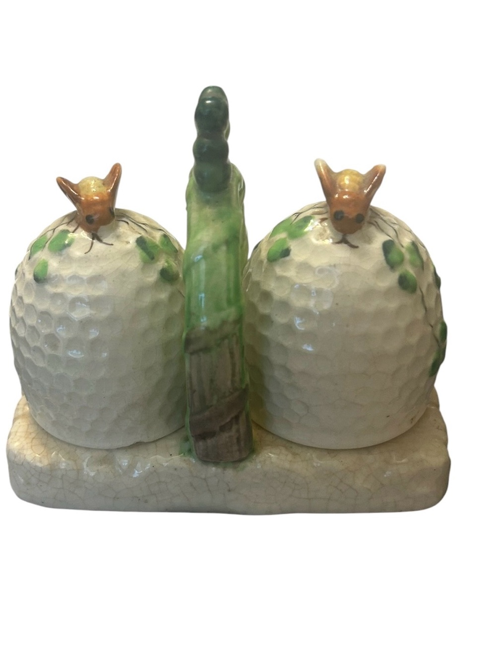 VTG Occupied Japan Majolica Honeycomb Bee Hive Salt Pepper Shakers with Holder